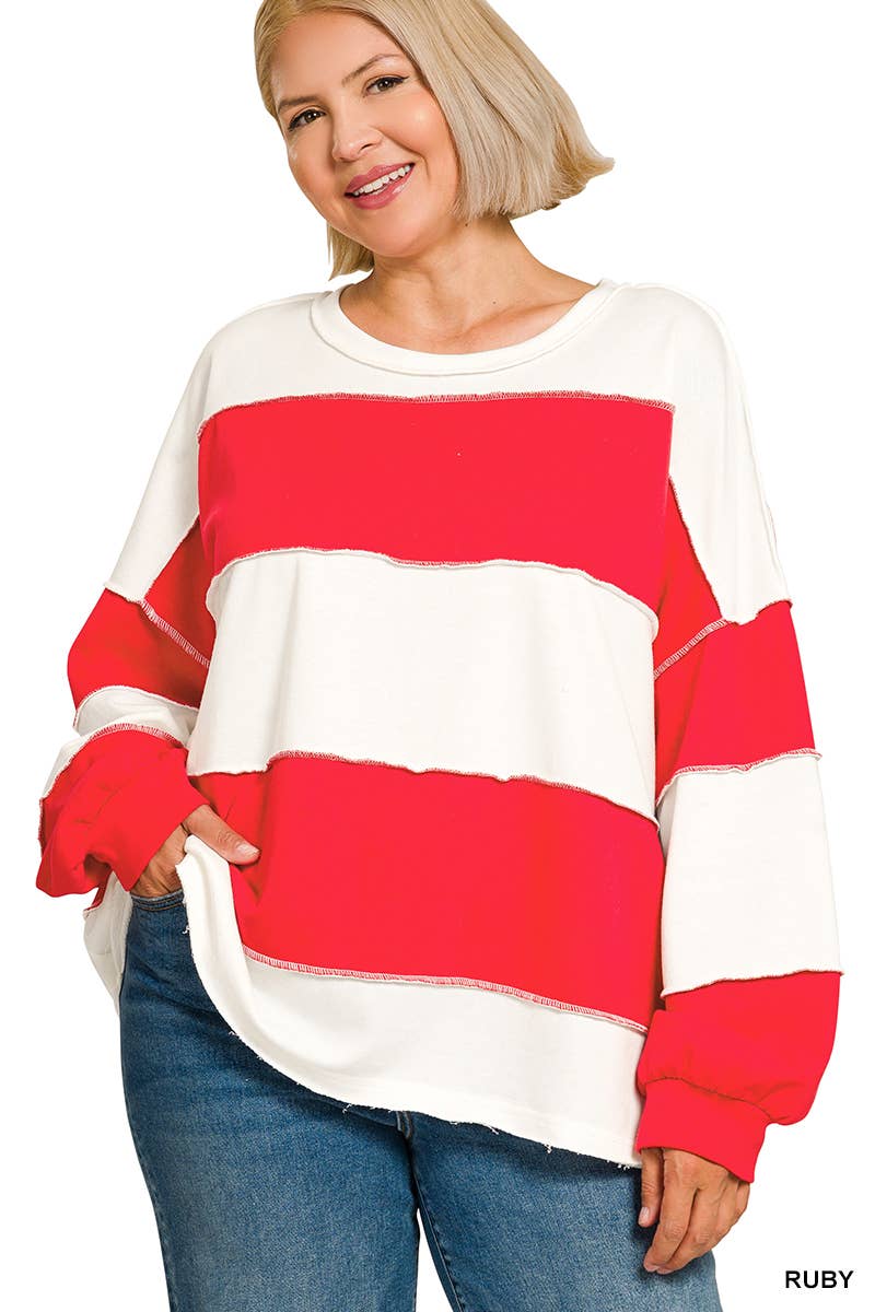 42POPS -  Plus French Terry Color Block Exposed Seam Oversized Top