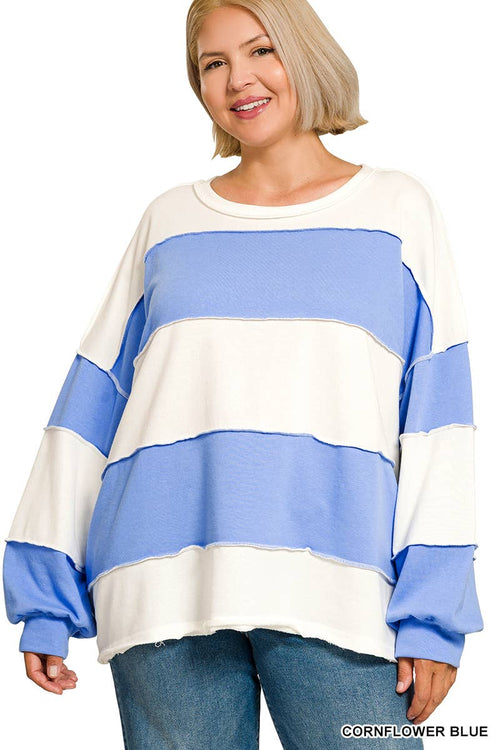 42POPS -  Plus French Terry Color Block Exposed Seam Oversized Top