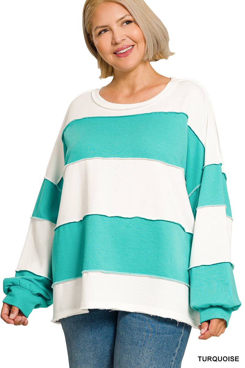 42POPS -  Plus French Terry Color Block Exposed Seam Oversized Top