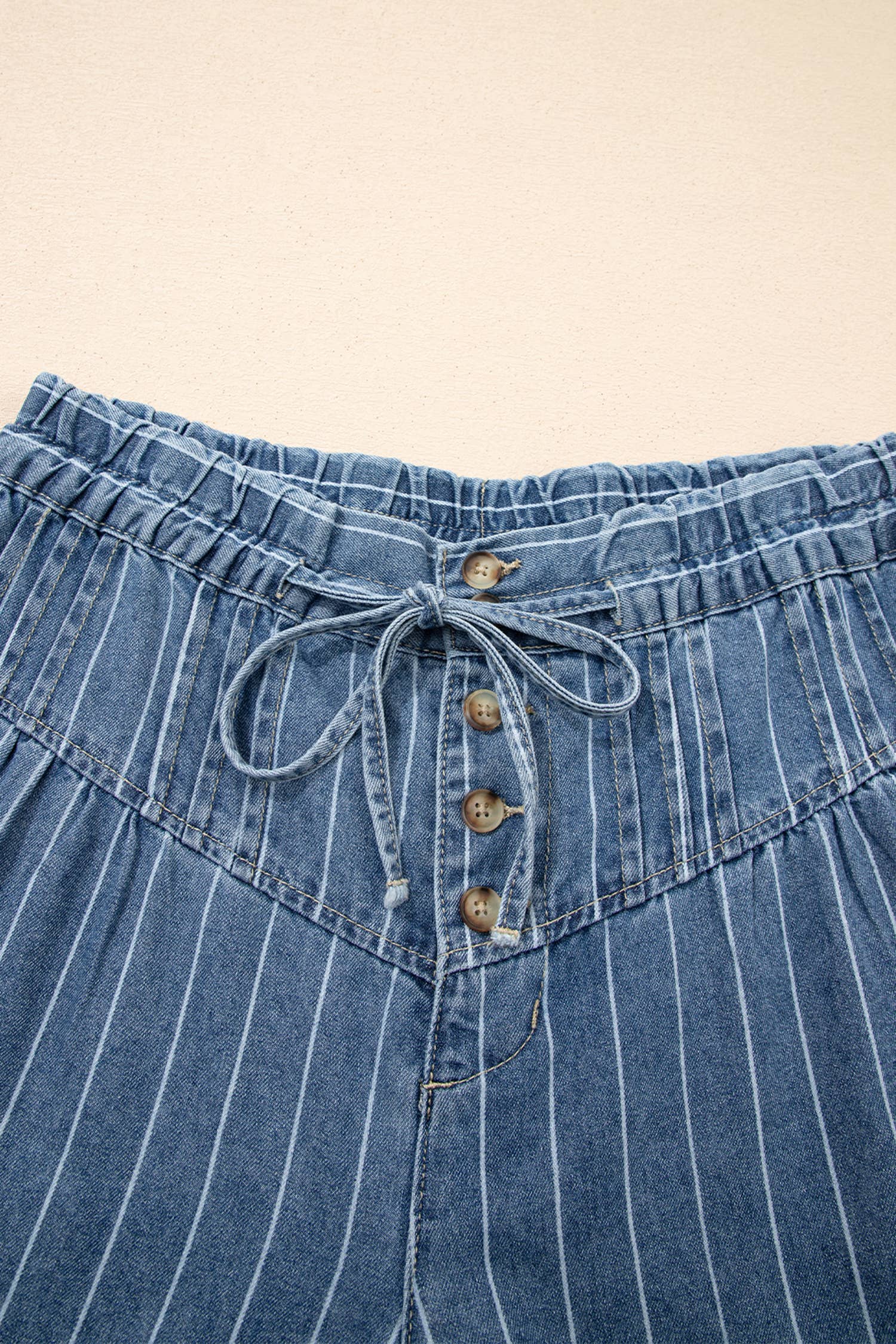 Stripe Button Pleated Drawstring Waist Wide Leg Jeans 4-4X