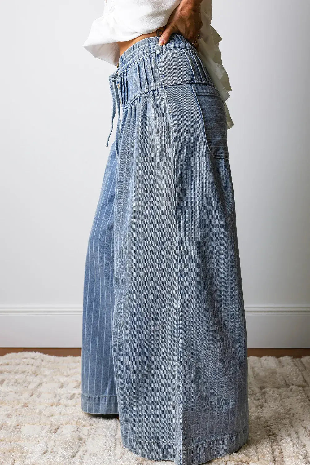 Stripe Button Pleated Drawstring Waist Wide Leg Jeans 4-4X