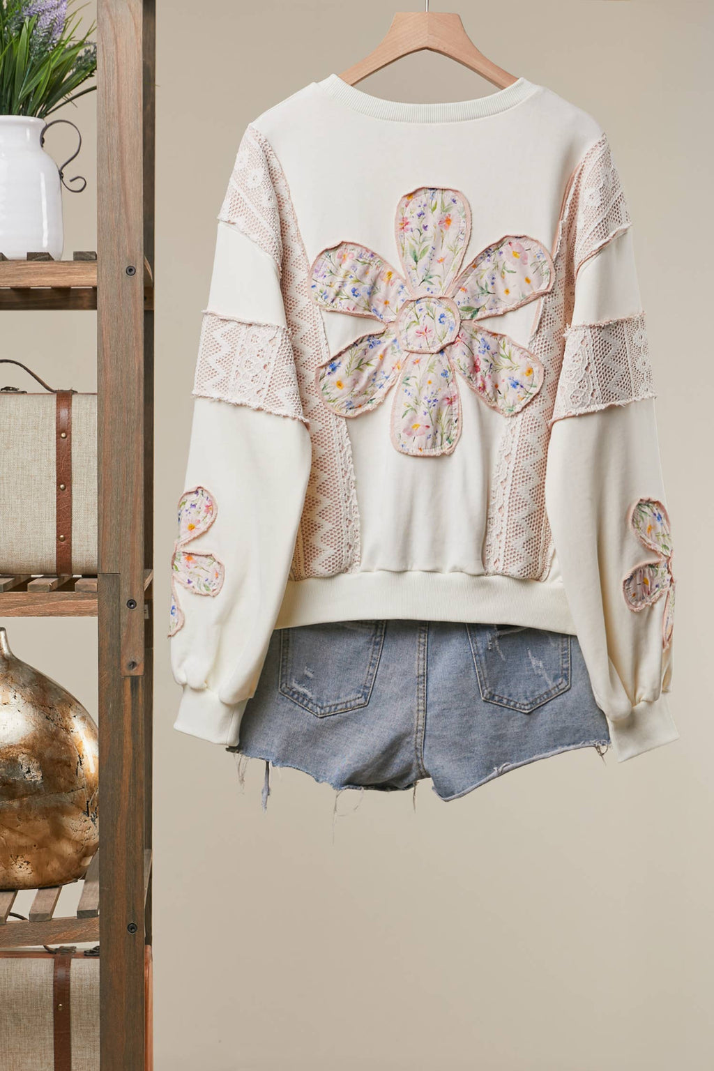 Multi Fabric Flower Patch With Lace Sweatershirts