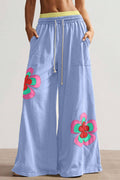 Floral Patchwork Drawstring Elastic Waist Wide Leg Pant