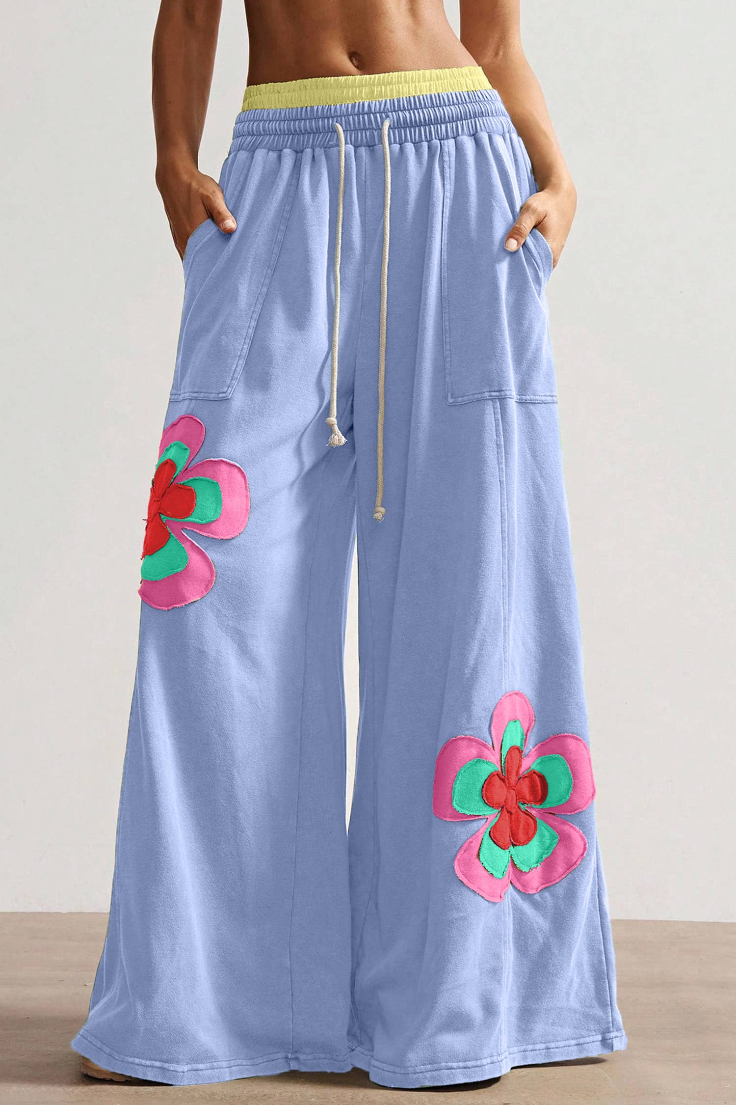 Floral Patchwork Drawstring Elastic Waist Wide Leg Pant