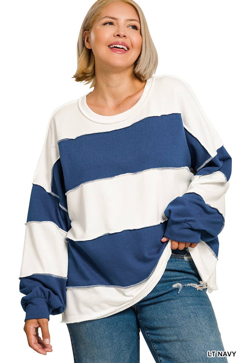 42POPS -  Plus French Terry Color Block Exposed Seam Oversized Top