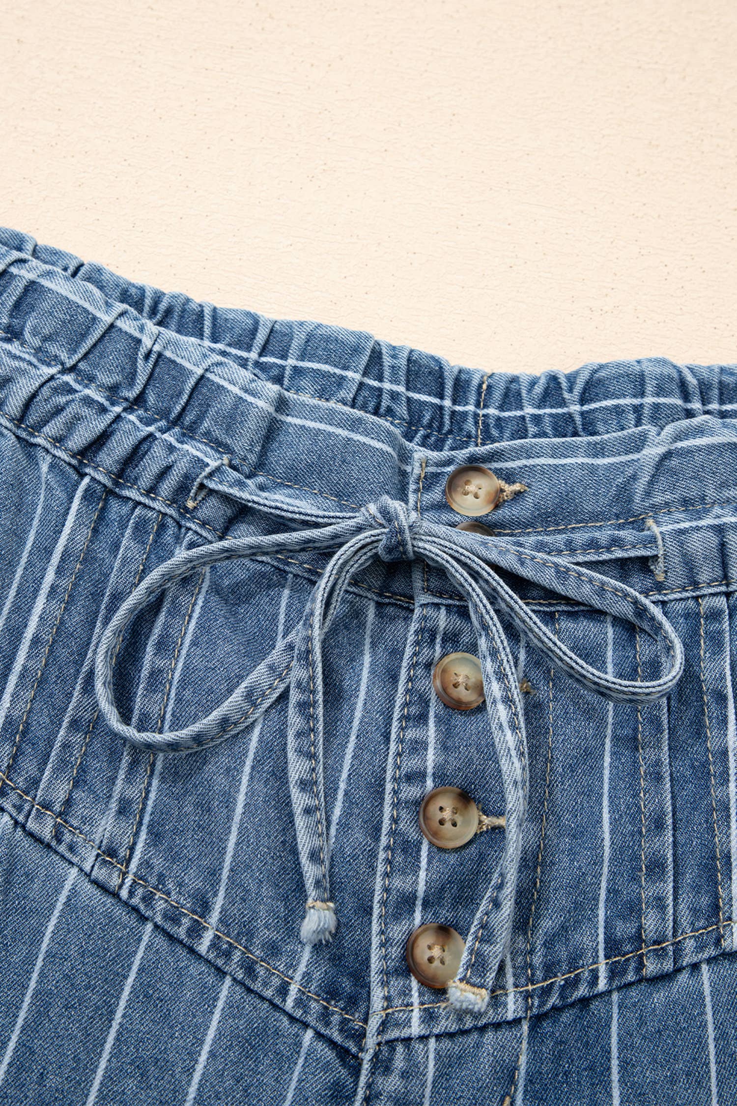 Stripe Button Pleated Drawstring Waist Wide Leg Jeans 4-4X