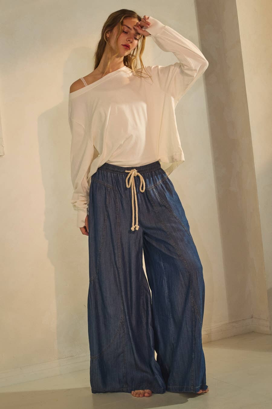 Oddi - Chambray Denim Wide Palazzo Pants