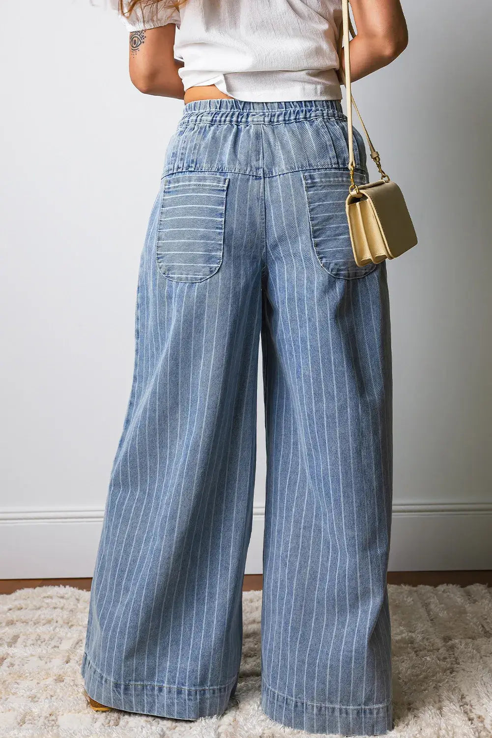 Stripe Button Pleated Drawstring Waist Wide Leg Jeans 4-4X