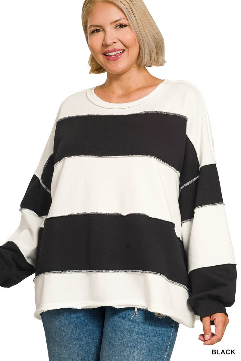 42POPS -  Plus French Terry Color Block Exposed Seam Oversized Top