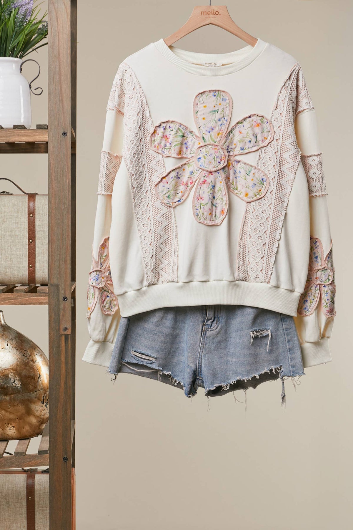 Multi Fabric Flower Patch With Lace Sweatershirts