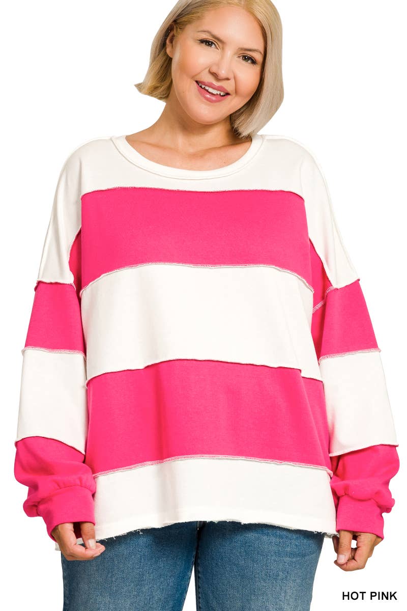 42POPS -  Plus French Terry Color Block Exposed Seam Oversized Top