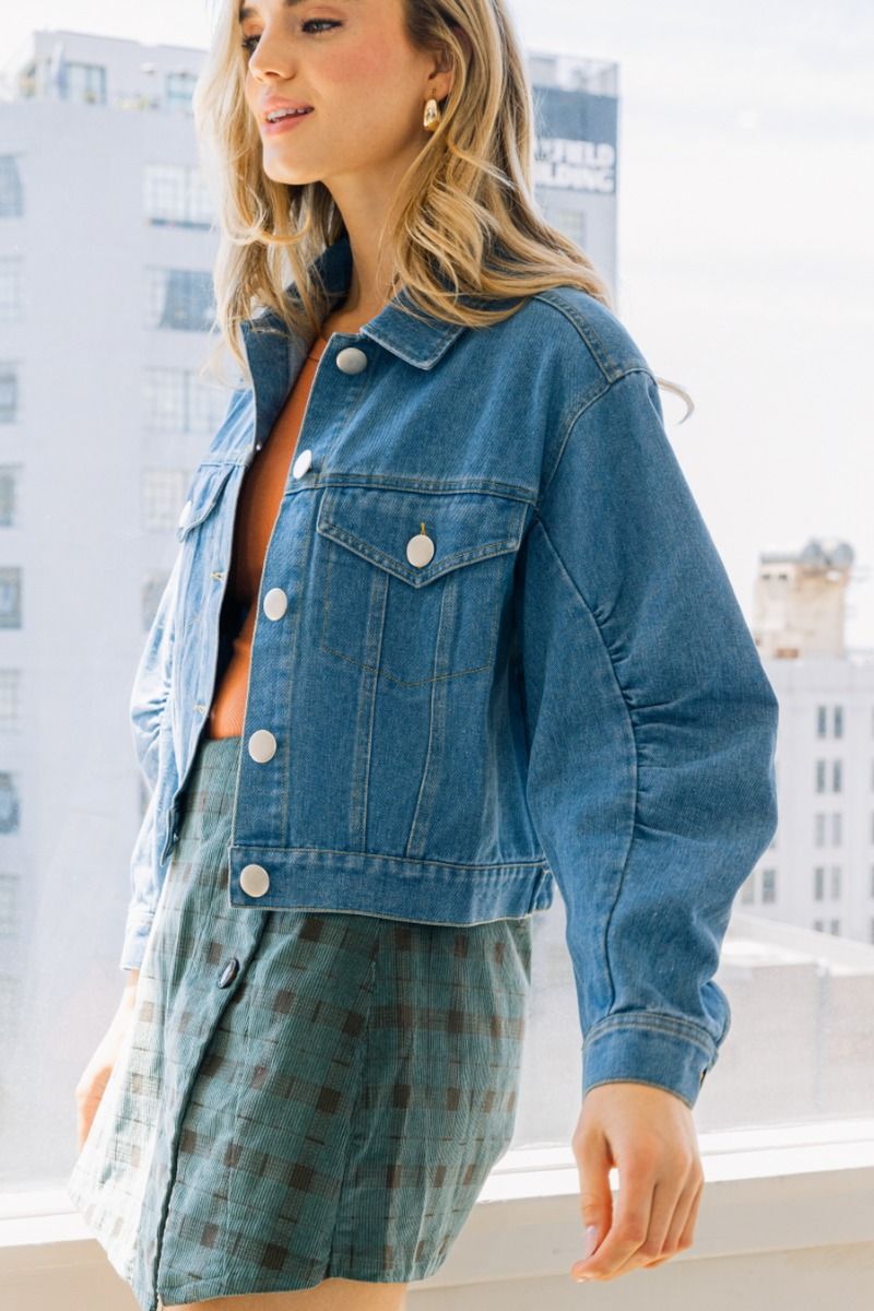 Rouched Long Sleeve Denim Jacket