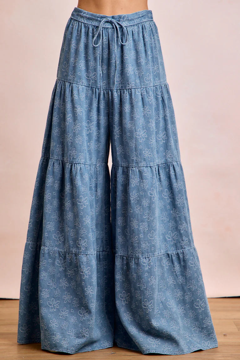 BiBi Floral Tiered Flare Denim Pants