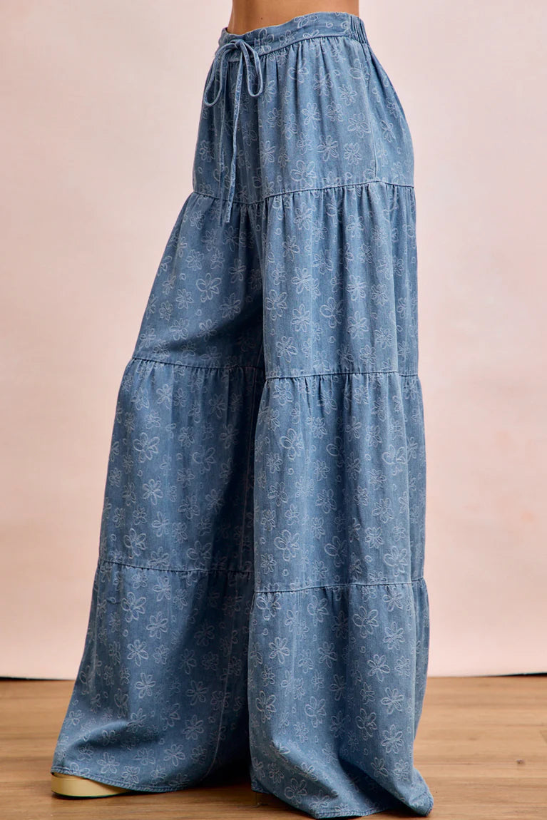 BiBi Floral Tiered Flare Denim Pants