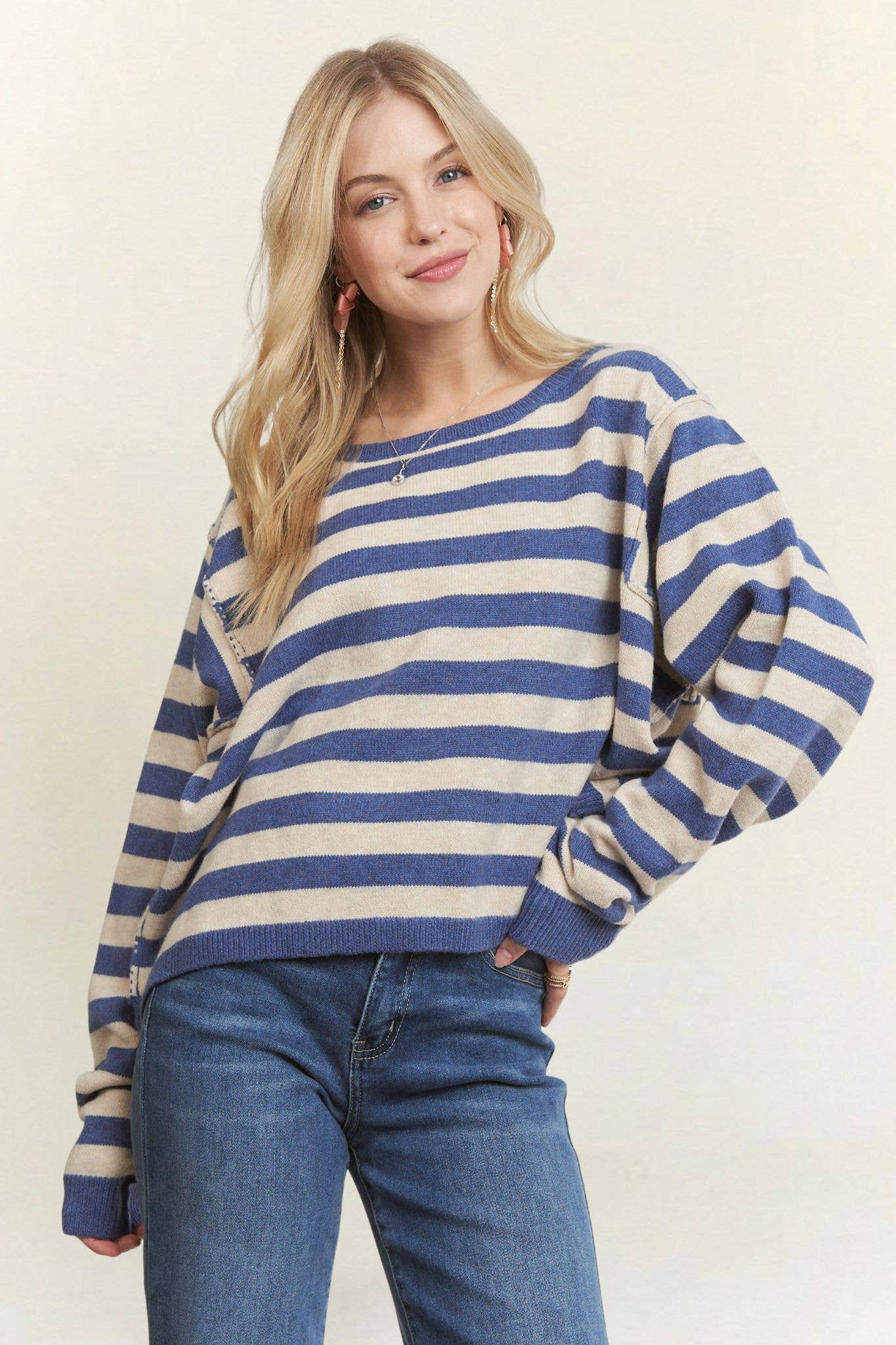 DROP SHOULDER SOFT STRIPE SWEATER TOP- CESW3904