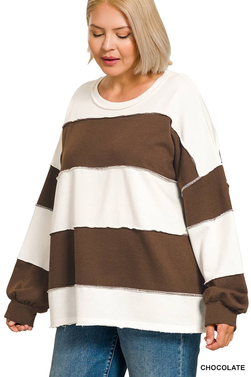 42POPS -  Plus French Terry Color Block Exposed Seam Oversized Top
