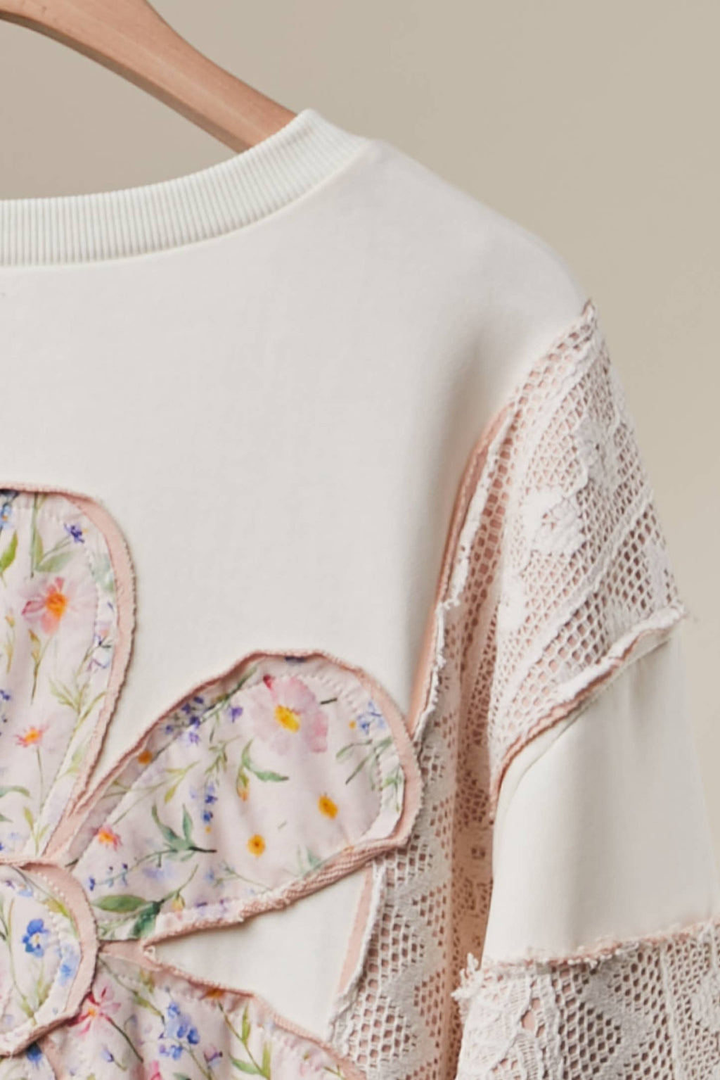 Multi Fabric Flower Patch With Lace Sweatershirts