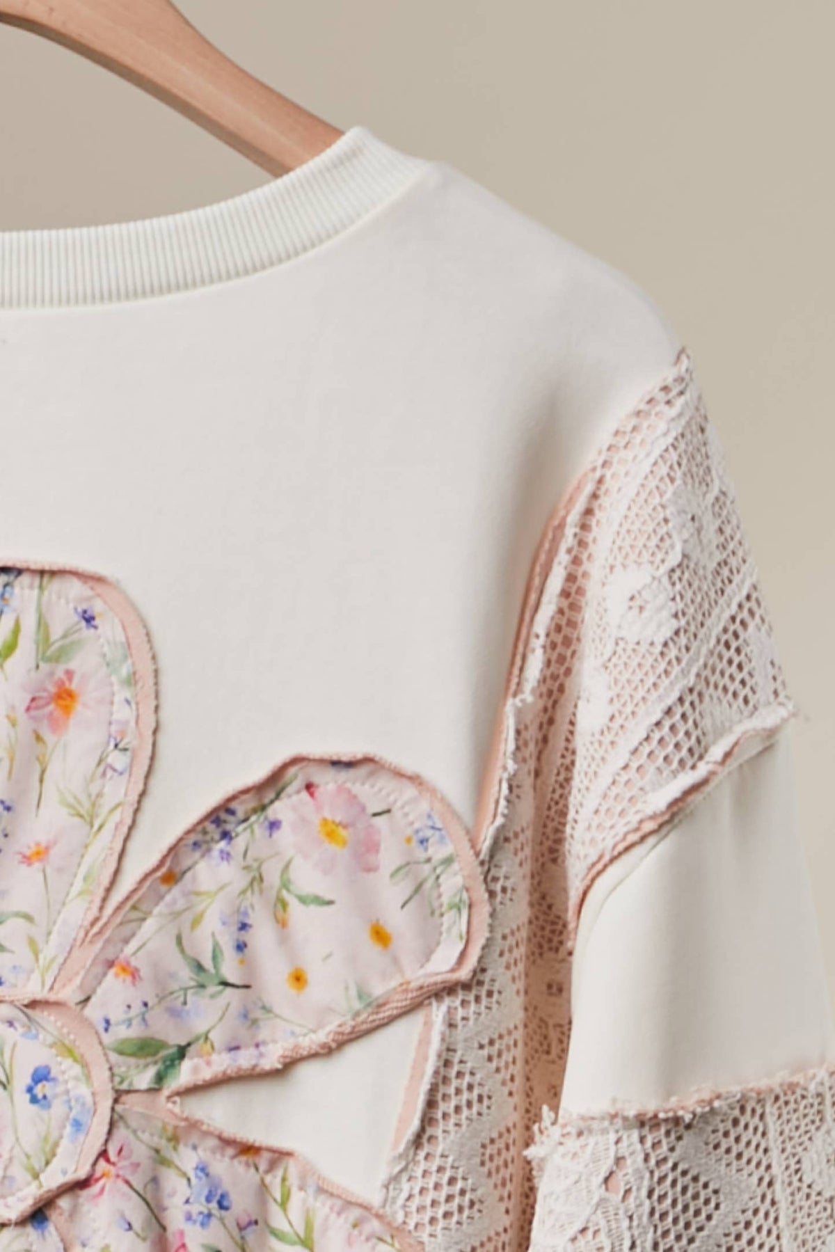 Multi Fabric Flower Patch With Lace Sweatershirts