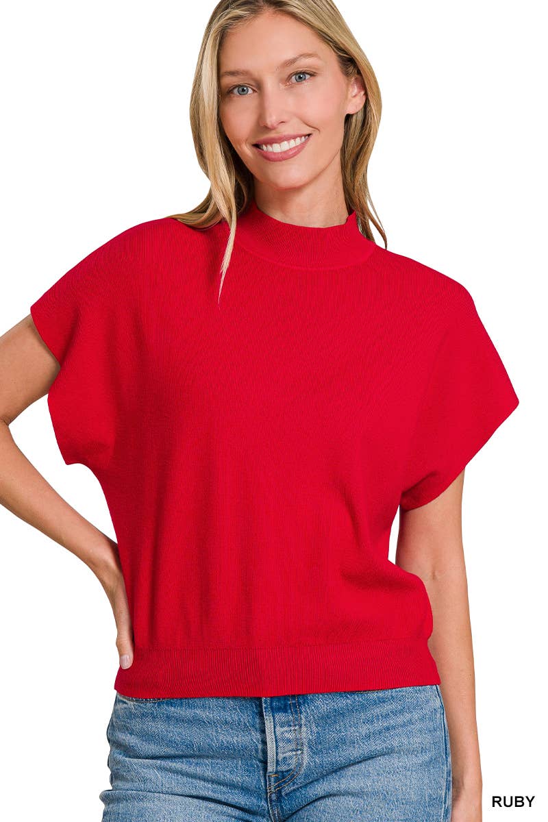 Zenana-Mock Neck Short Dolman Sleeve Sweater