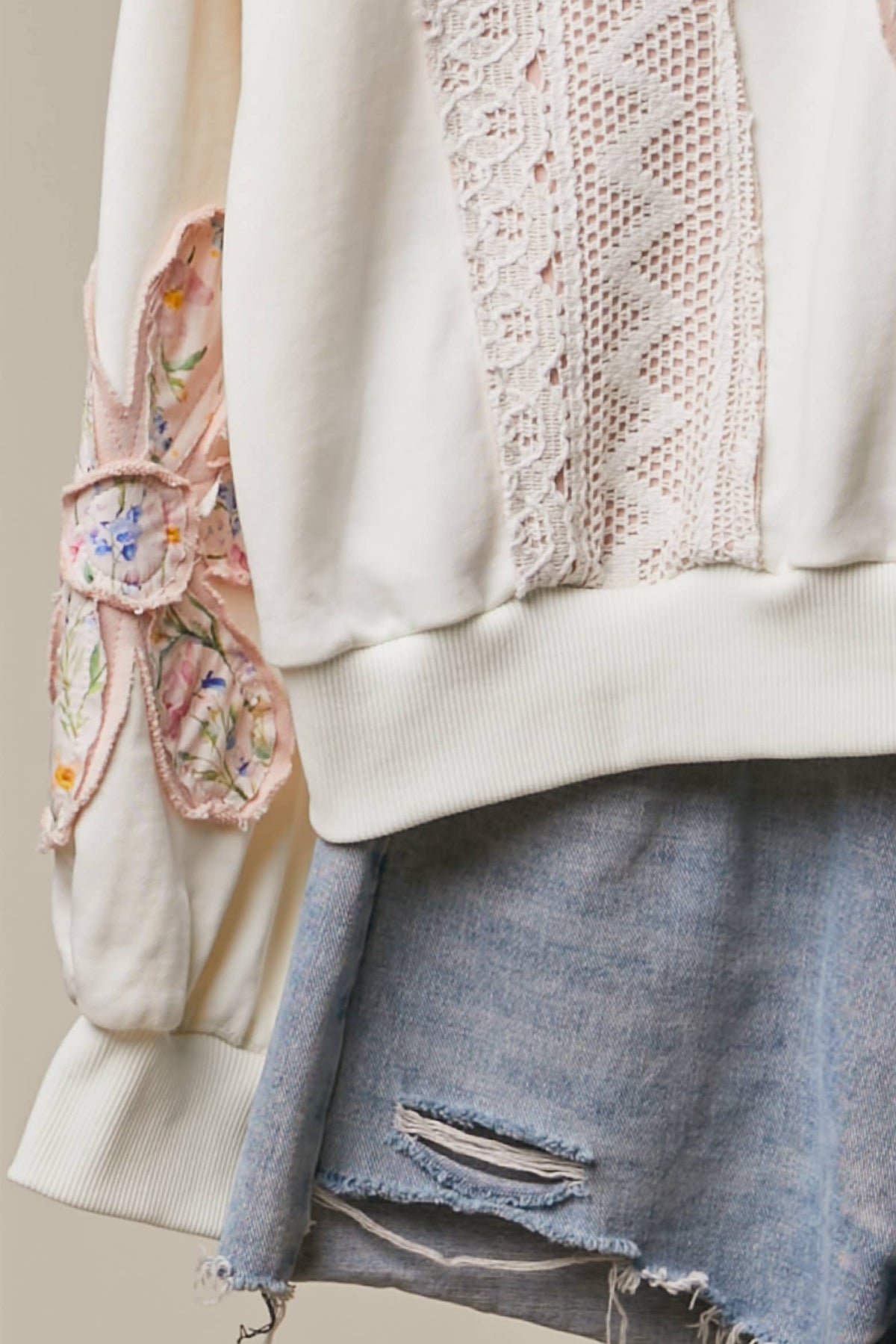 Multi Fabric Flower Patch With Lace Sweatershirts