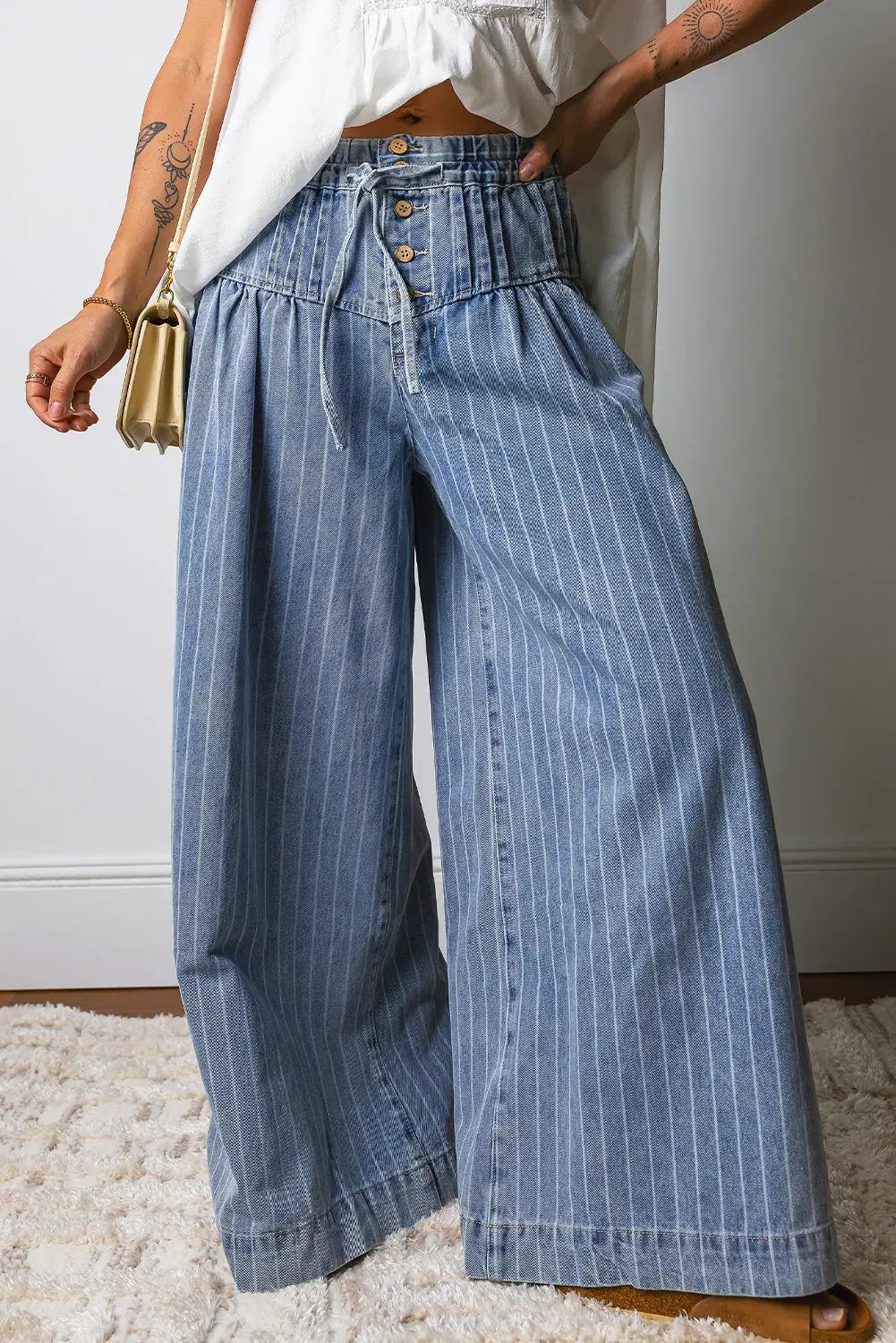 Stripe Button Pleated Drawstring Waist Wide Leg Jeans 4-4X