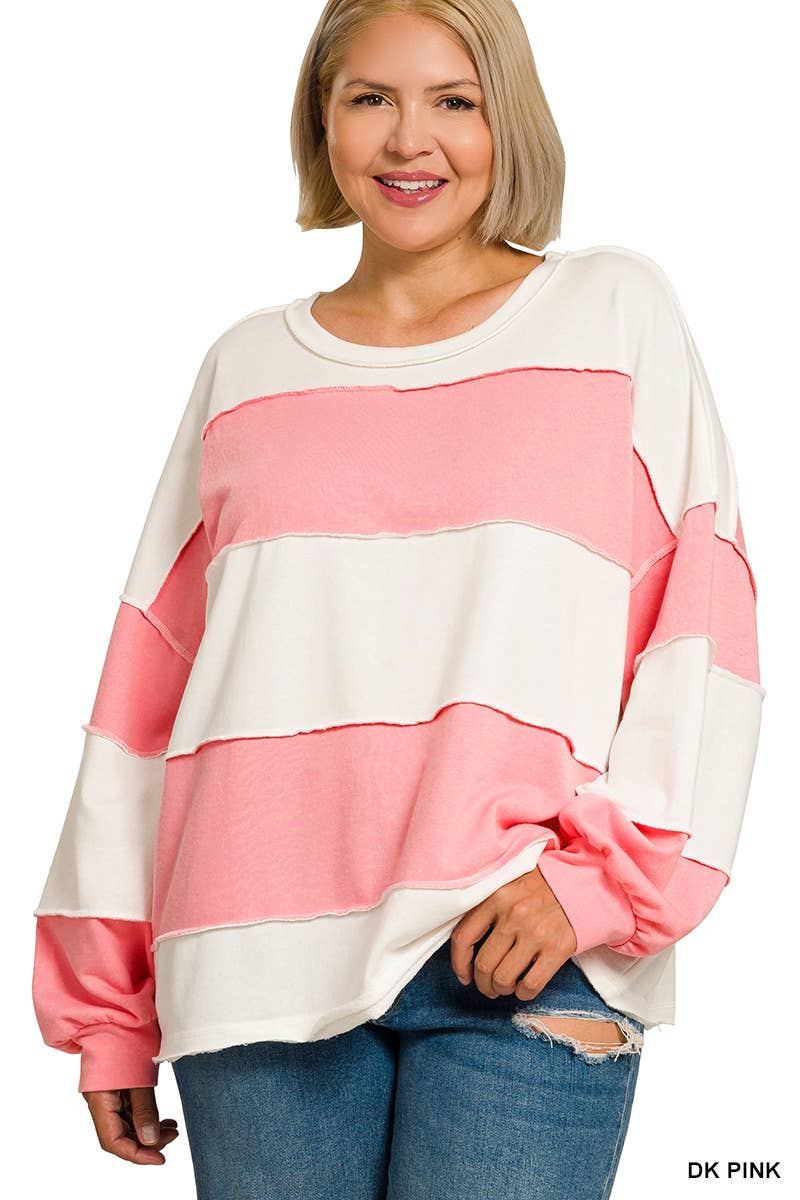42POPS -  Plus French Terry Color Block Exposed Seam Oversized Top