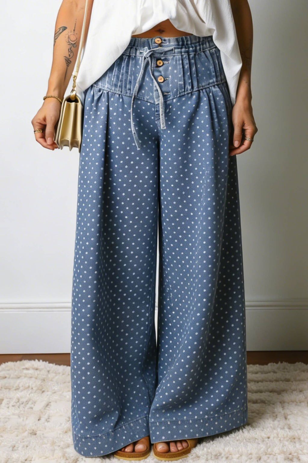 Stripe Button Pleated Drawstring Waist Wide Leg Jeans 4-4X