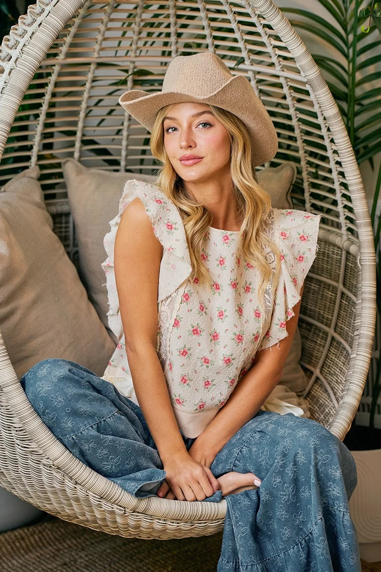 FLOWER PRINTED RUFFLE SLEEVE TRIM DETAIL TOP