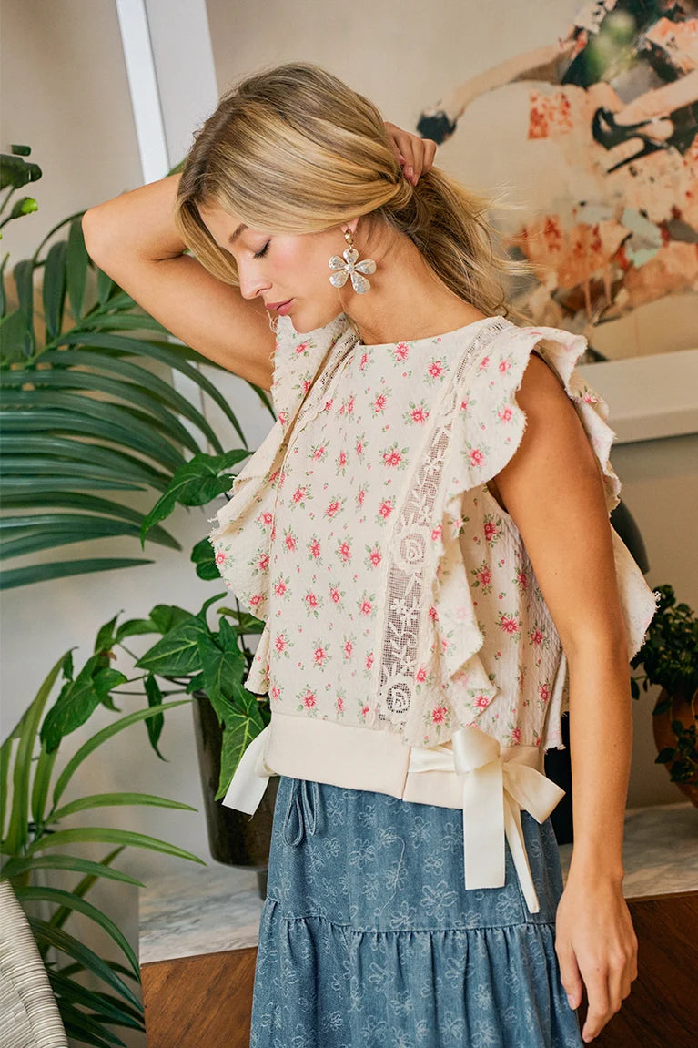 FLOWER PRINTED RUFFLE SLEEVE TRIM DETAIL TOP